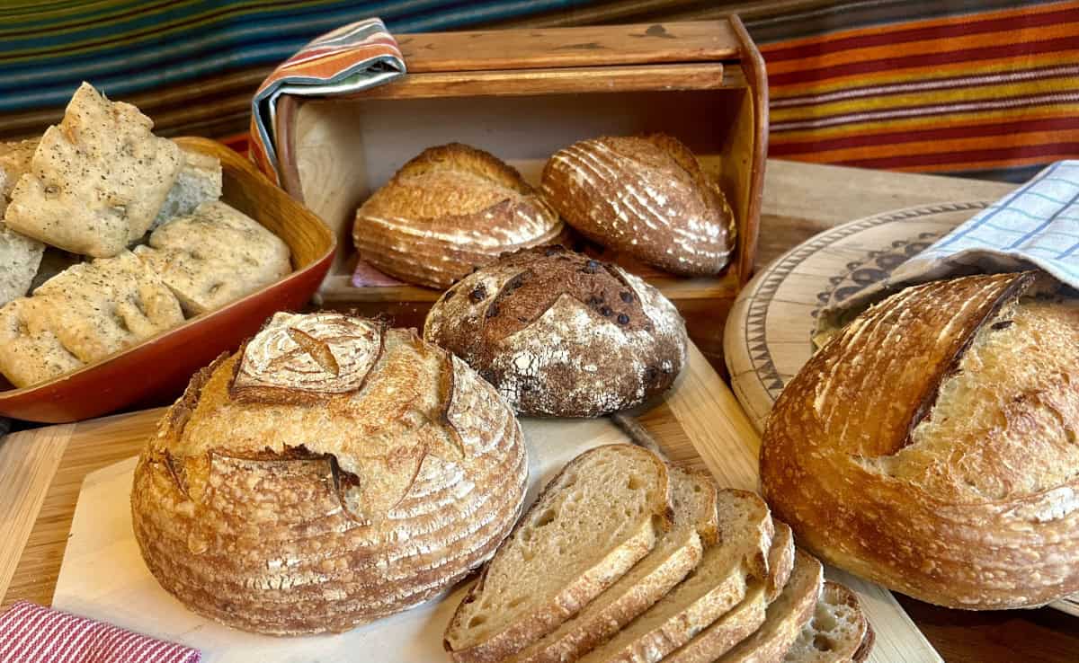 An array of boules, sliced bread, and focaccia